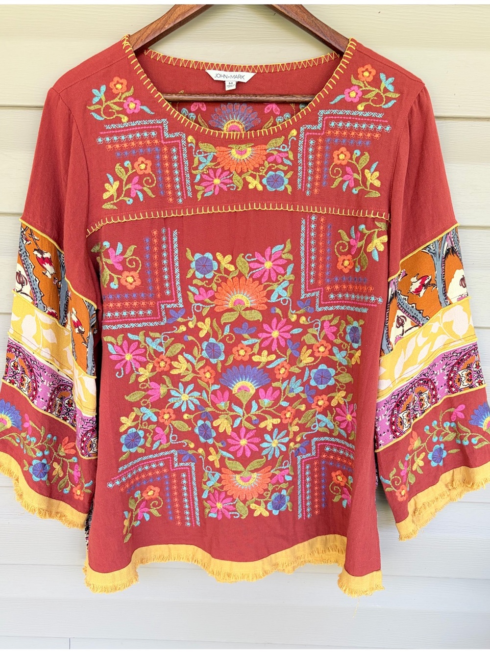 John Mark Colorful Floral Embroidered Blouse/Tunic Bohemian M Patchwork
